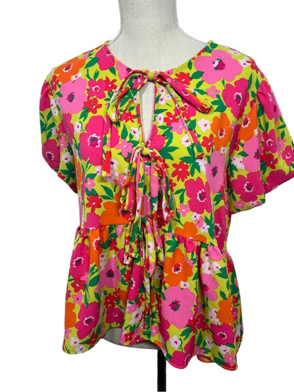 NWT Haptics Holly Harper Floral Tie Front Peplum Blouse Pink and Green Large